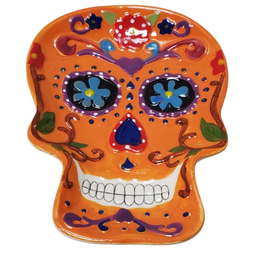 Darice Day of the Dead Orange Skull Shaped Ceramic Dish Plate 8"x6"
